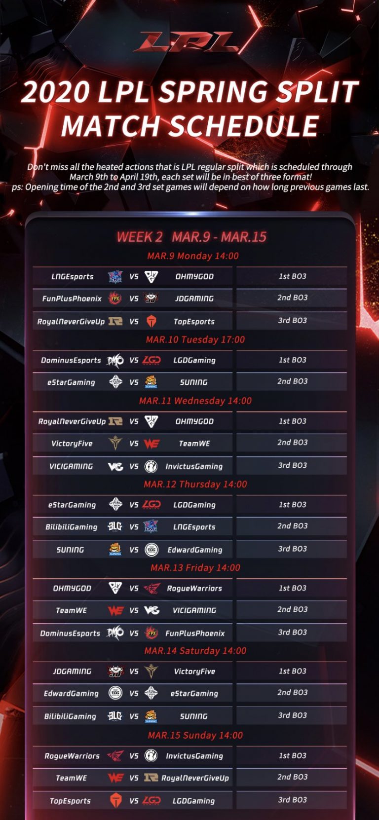 China's LPL schedule, and stream set to continue week 2 on the 9th of March